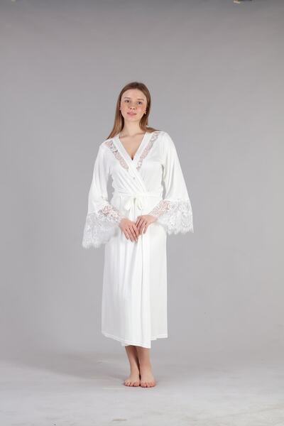 Lohussa Women's Ecru Lace Detailed Princess Sleeves Cotton Summer Dressing Gown