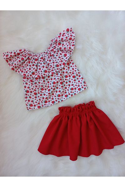 Eylülce Butik Strawberry Patterned Blouse & Red Skirt Set