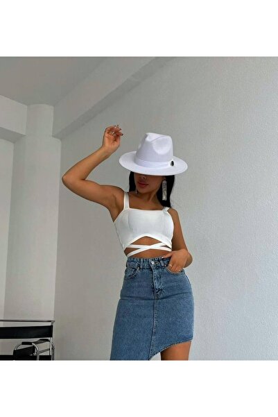 bygulayidiz Дамска бяла филцова каубойска шапка