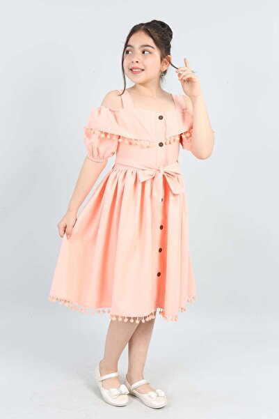 şımarık kids Girl's Pink Pompom Crepe Dress