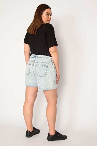 Şans Tekstil Women's Blue Washing Effect Jeans Shorts with Filthy Stitching 26a33080