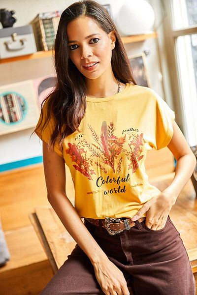 Olalook Γυναικείο T-Shirt με γούνινο μουστάρδα TSH-19000125