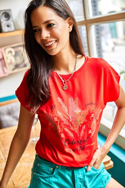 Olalook Women's Red Furry Printed T-Shirt TSH-19000125