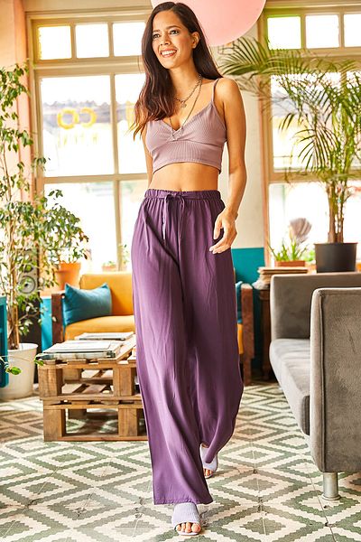 Olalook Women's Purple Belted Woven Viscon Palazzo Trousers PNT-19000169
