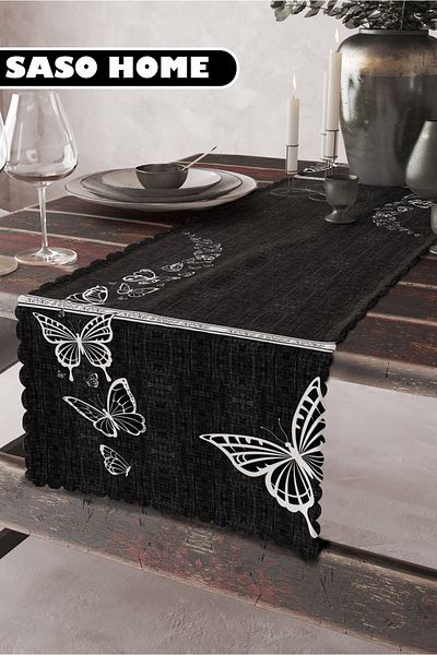 SasoHome Butterfly Dream Black Butterfly Pattern Ποιοτικό Βελούδινο Ύφασμα 45x140 cm Διακοσμητικό - Δώρο Runner