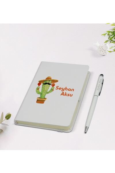 BK Kişiye Özel Isimli Kaktüs Tasarımlı 9x14cm Beyaz Defter Ve Kalem Hediye Se...