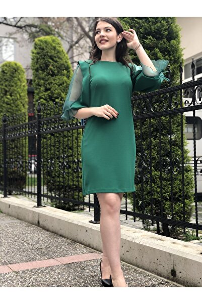 AYHAN Green Organza Sleeve Detailed Evening Dress Women's Dress