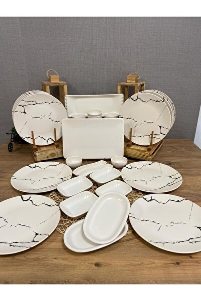 Keramika Takım Kahvaltı 28 Parça 12 Kişilik Mat Krem Mermer Desen
