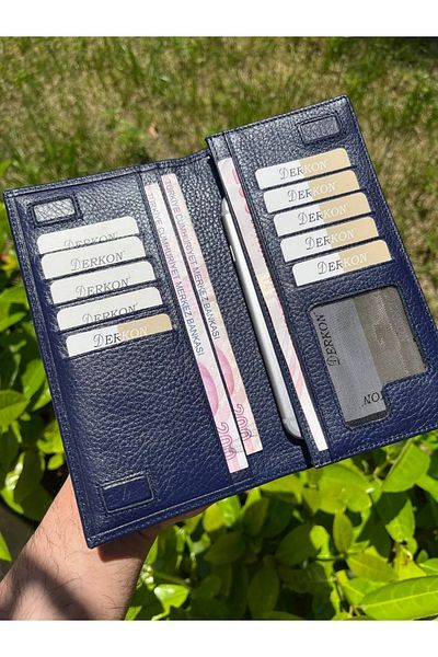 DERKON Genuine Leather Wallet with Magnetic Phone Compartment Navy Blue
