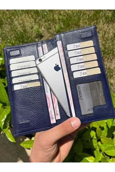 DERKON Genuine Leather Wallet with Magnetic Phone Compartment Navy Blue