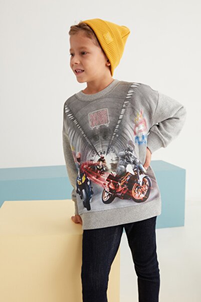 GRIMELANGE Marley gestricktes Comfort-Fit-Sweatshirt mit bedrucktem Grimelange-Rundhalsausschnitt