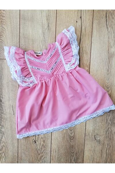 Mini Kids Baby Kız Bebek Pembe Dantel Detaylı Fırfır Kollu Elbise