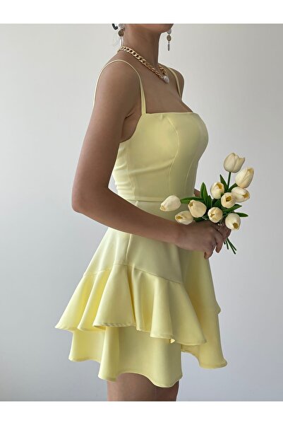 bayansepeti Ayarlanabilir Ince Askılı Eteği Kat Detay Sarı Elbise Sarı Mezuniyet Elbisesi 102