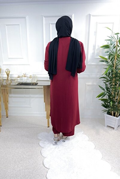 Aşkı Endam Women's Large Size Stone Detailed Triple Suit with Pockets - Claret Red