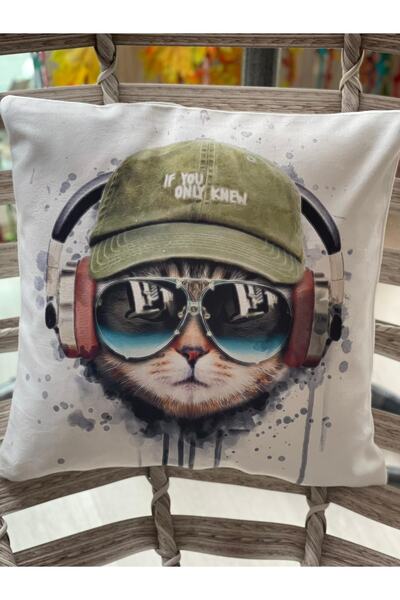 Gönülden Tasarım Cat with Glasses Digital Print Throw Pillow Pillow Case
