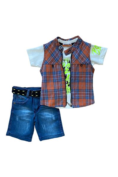 yavrucak life Plaid Patterned Vest Boy's 3-Piece Jean Set