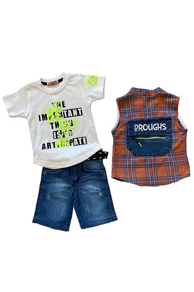 yavrucak life Plaid Patterned Vest Boy's 3-Piece Jean Set