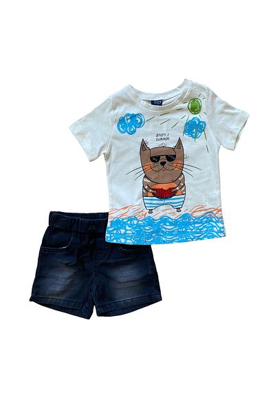 Poppy Patterned T-shirt Boy's Jean Shorts Double Set