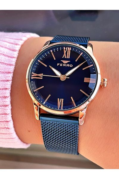 FERRO Navy Blue Rose Gold Case Classic Roman Numeral Women's Wristwatch