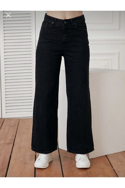 Livik Unfading Black Lycra Super High Waist Loose Jean Palazzo Hose. (Super hoch.) Weites Bein.