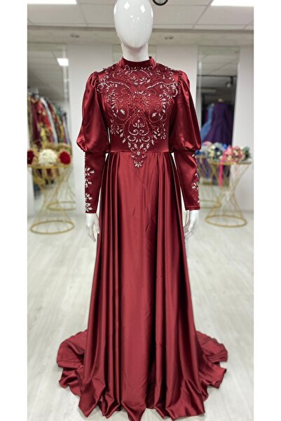 Moda Sinanlar Taş Işlemeli Parlak Saten Yeni Sezon Tesettür Abiye Elbise