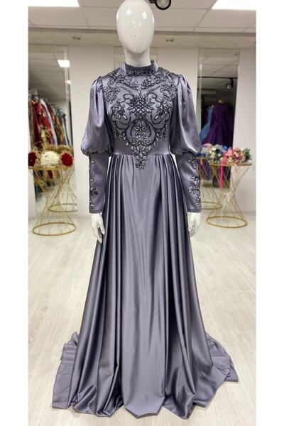Moda Sinanlar Taş Işlemeli Parlak Saten Yeni Sezon Tesettür Abiye Elbise