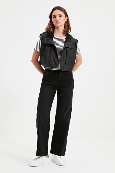 Livik Crne super Visok struk široke farmerke labave Sa likrom denim pantalone