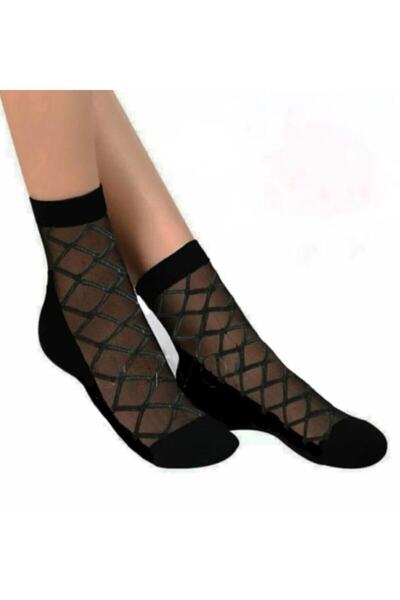 Meguca Socks Kadın Desenli Siyah Tül Çorap 3 Çift - Ince Baklava Desen