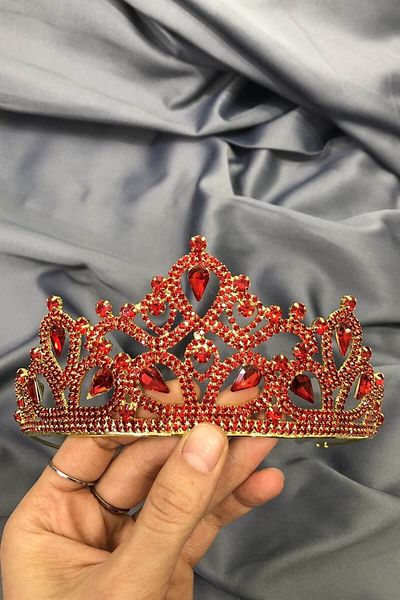 Hobigram Coroană de cristal de culoare roșie, metal auriu, henna și piatră pentru mirese – coroană, piatră de cristal – coroană