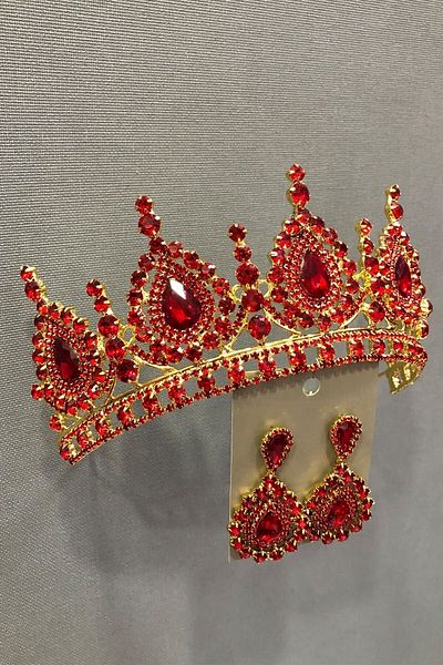 Hobigram إكسسوار شعر Ahu Red Bridal، مجموعة تاج وحلق Henna – إكسسوار العروس، تصميم أنيق – Gelin A