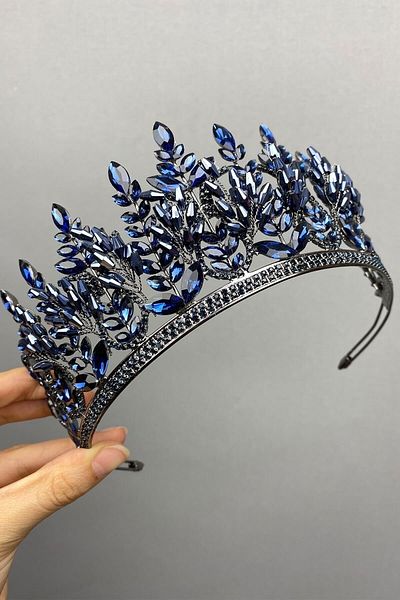 Hobigram إكسسوار العروس تاج العروس من طراز زومري باللون الأزرق الداكن - إكسسوار العروس، تصميم أنيق، إكسسوار نسائي
