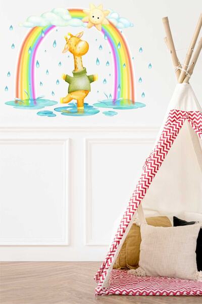 efekt reklam Dansul drăguț al girafei cu ploaie sub curcubeu Autocolant ornam...