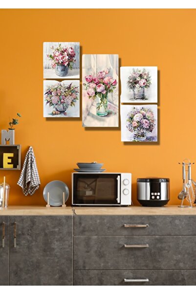 NT Handmade 5 Parça Ahşap Renkli Vazoda Çiçekler Duvar Dekoru - Salon Oturma Yatak Odası Mutfak İçin Tablo Seti