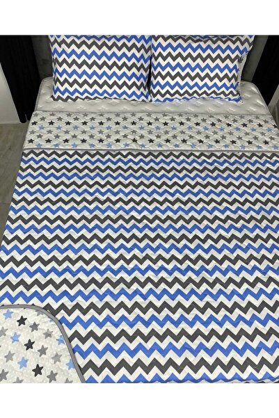 OZANHOM Çift Kişilik Çift Yönlü Çok Amaçlı Yatak Örtüsü Zigzag Mavi