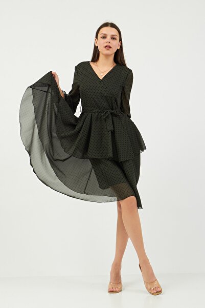 Moda Tuğram Φόρεμα σιφόν με πουά χακί