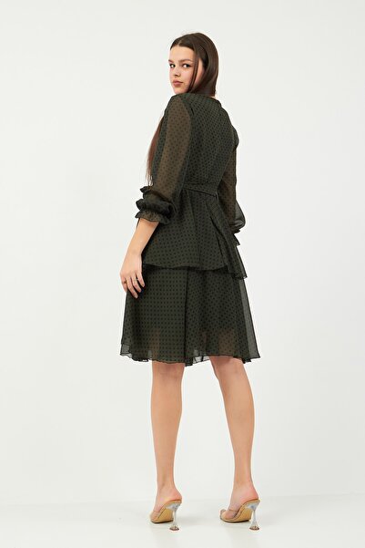 Moda Tuğram Φόρεμα σιφόν με πουά χακί