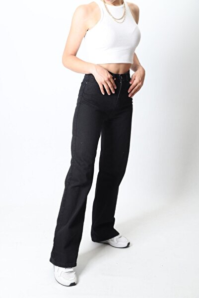 Livik Blugi negri casual cu talie super înaltă cu picior lat din Lycra