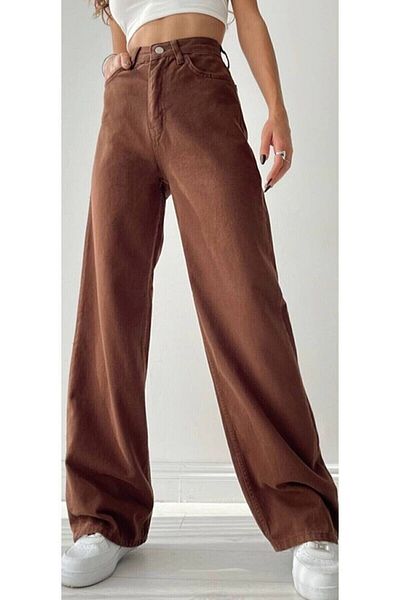 Livik Jemmy Brown Lycra Super High Waist Loose Jeans Palazzo Παντελόνι. (Σούπερ Υψηλό)