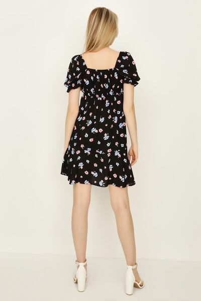 Select Moda Γυναικείο Μίνι Φόρεμα με μαύρο φλοράλ σχέδιο πεντάγωνο γιακά με μπαλόνι μανίκια