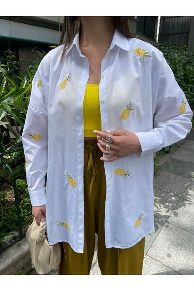 Okyanus Butik Kadın Ananas Nakışlı Beyaz Gömlek