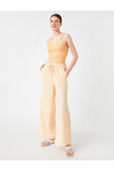 Koton Damenbekleidung, Hose, weites Bein, Taschen, Taillenbindung, 2sak40073cw, Orange, Orange