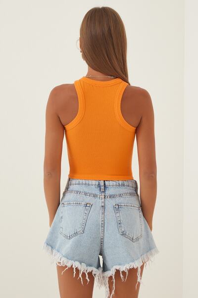 Happiness İstanbul Bluzka damska z pomarańczową teksturą i sznurkiem Lycra YK00035