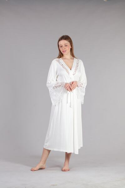 Lohussa Women's Ecru Lace Detailed Princess Sleeves Cotton Summer Dressing Gown