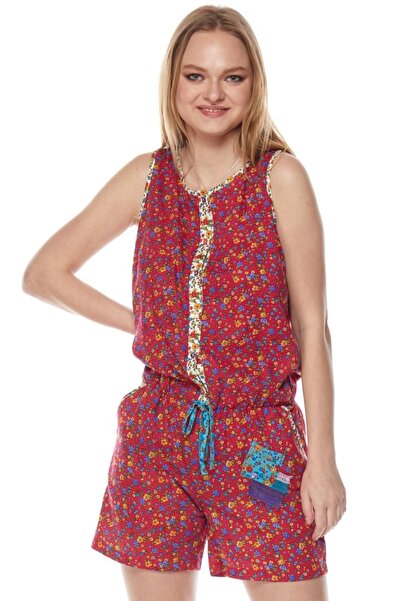 Newbutix Sile Cloth Red Floral Patterned Jumpsuit