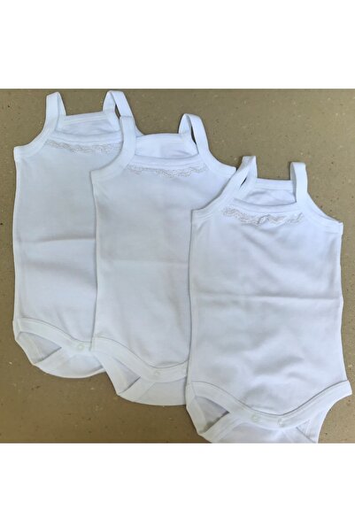 bebedino Ip Askılı Yakası Fistolu (DANTELLİ) Çıtçıtlı Badi Beyaz Renk 3'lü Pa...