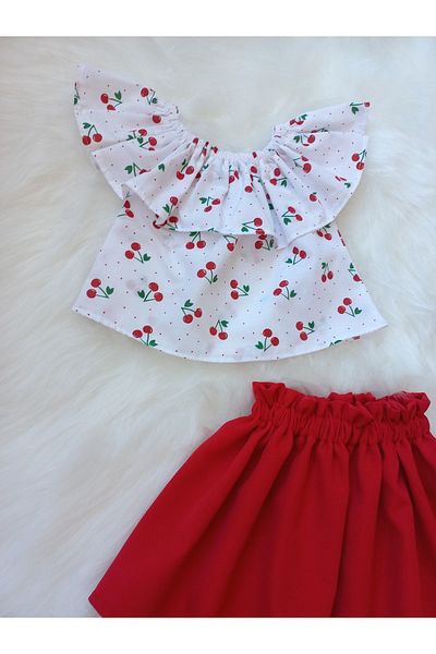 Eylülce Butik Cherry Patterned Blouse & Red Skirt Set