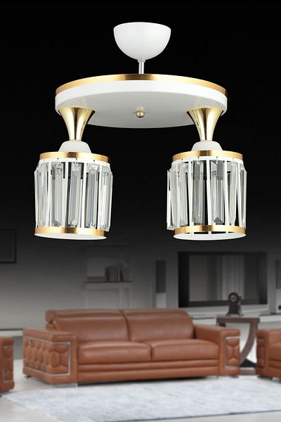 SONSUZ AYDINLATMA&AVİZE 2-Piece White Tray Crystal Stone Plafonier Yellow Striped Cylinder Downward Facing Luxury Chandelier