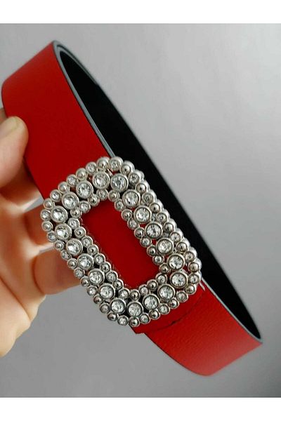 Kemerix Women's Stoned Silver Buckle Double-Sided Red-black Belt