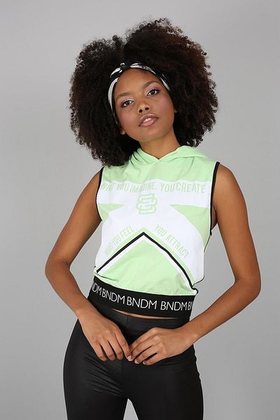 Banadamoda Green Printed Back Detailed Hooded Sleeveless Crop Sweatshirt