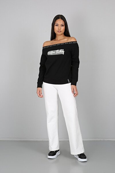 Banadamoda Hanorac cu gât barca cu imprimeu cu dungi negre